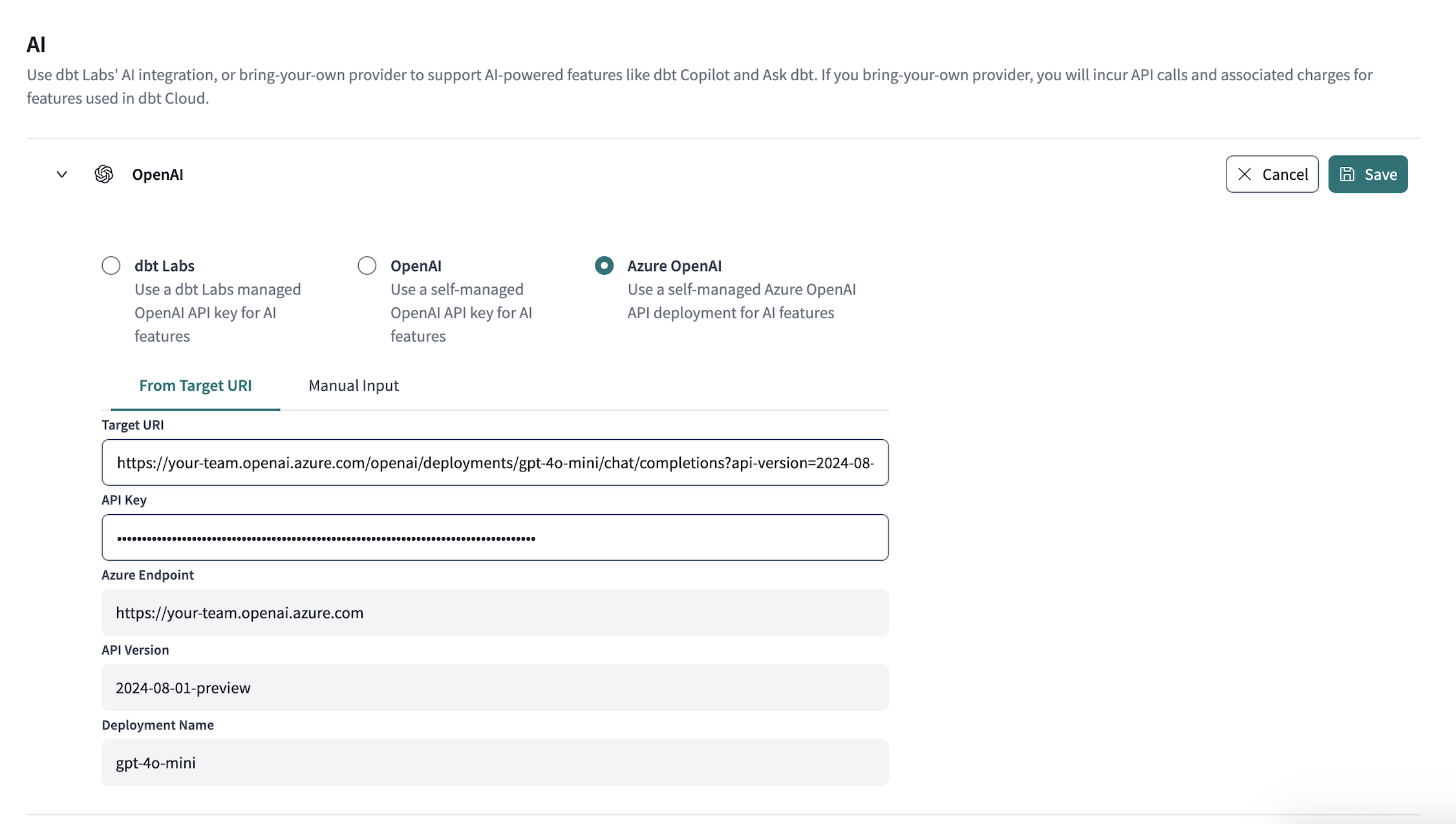 Example of Azure OpenAI integration section